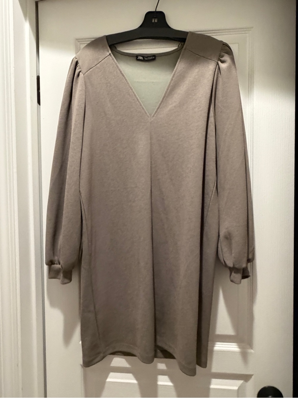 Zara Sage Olive V-Neck Puff Sleeve Dress M NWOT